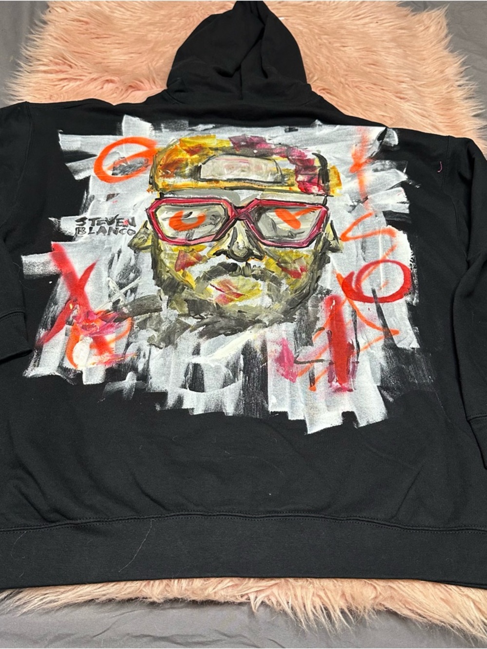 Steve Blanco Black Graphic Hoodie with Painted Portrait